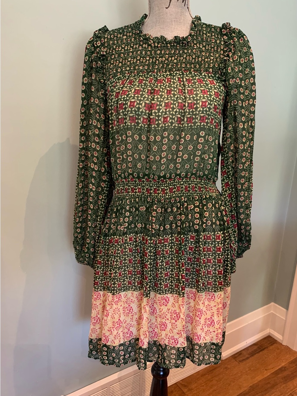 Anthropologie Green Floral Tiered Long-Sleeve Midi Dress